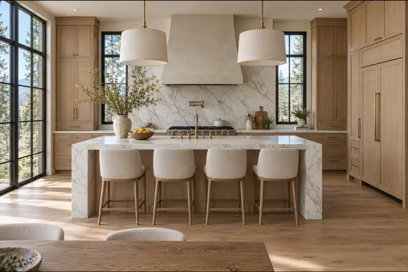 White oak kitchen with a marble waterfall island, plaster range hood and tall windows
