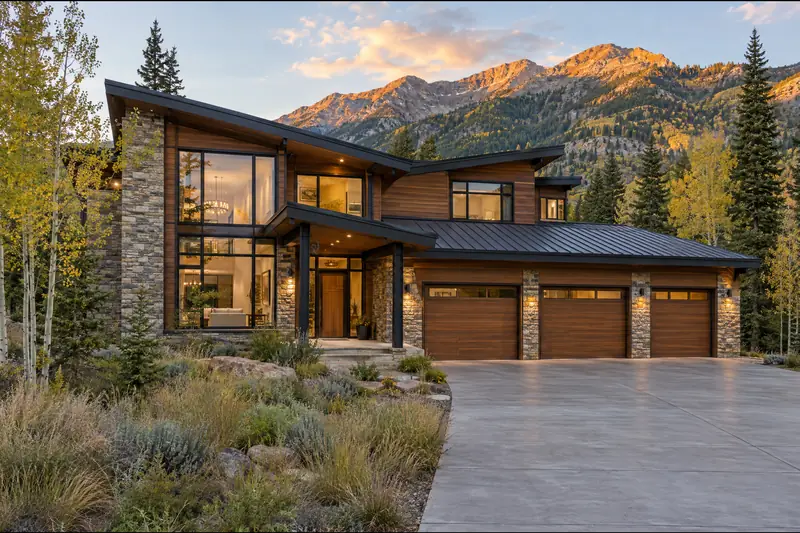Mountain modern home with shed roofs, cedar, stone and a three-car garage